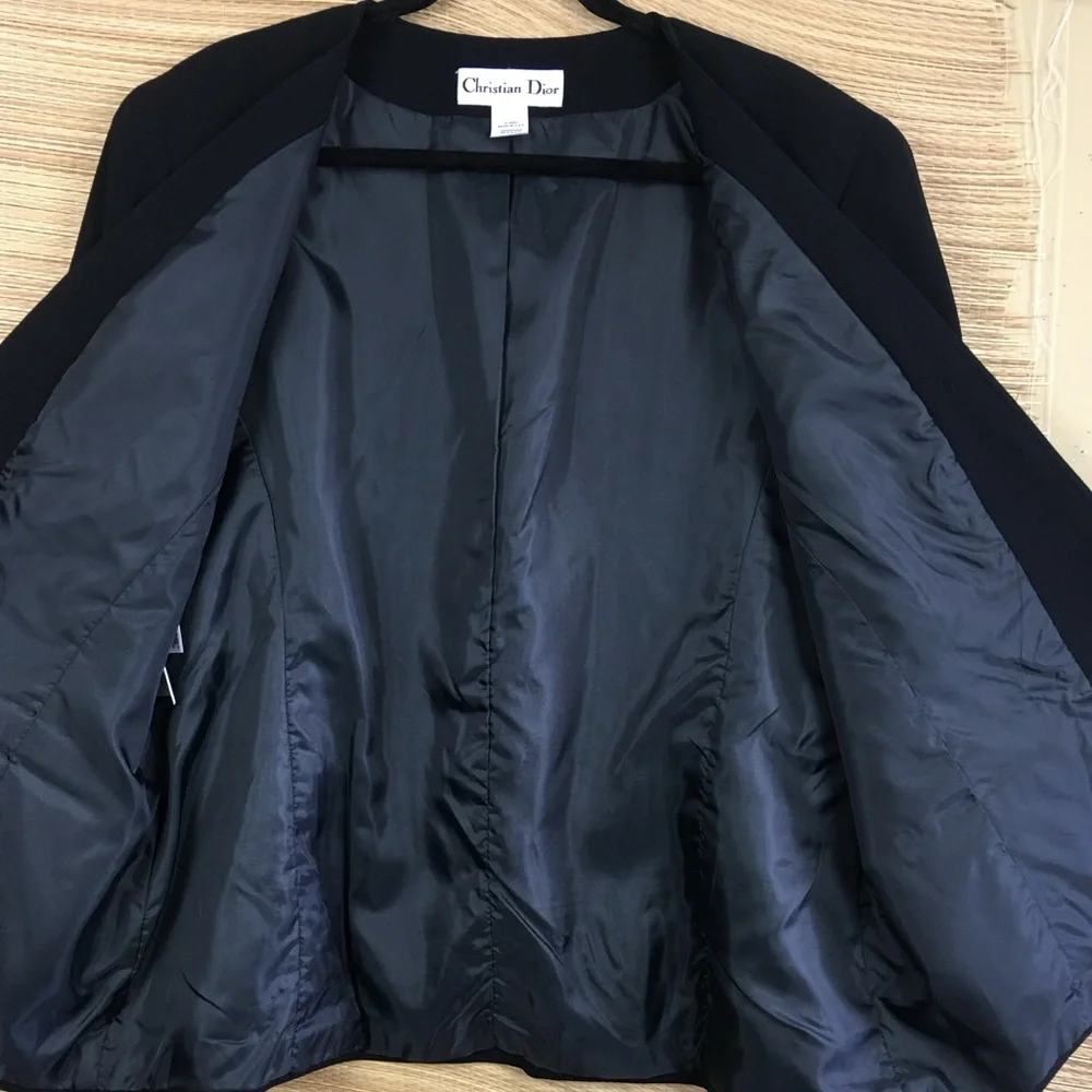 Vintage 1990s Christian Dior Jacket Black Crepe Tailored In USA Collarless Sz 16